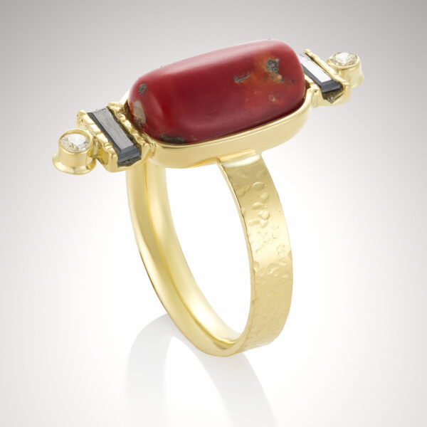 18K Coral with Diamonds Ring